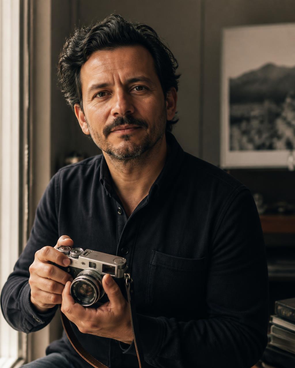 Portrait of photographer Diego Gordillo holding a rangefinder camera